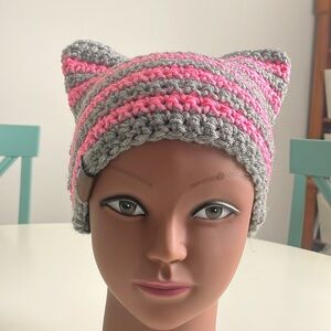 Julzyraye Crocheted Cathat Pink and Gray Beanie with brown leather logo- unisex